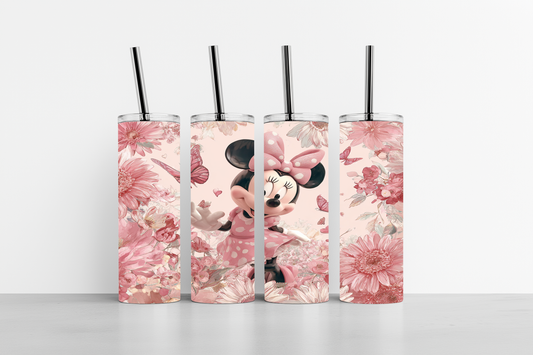 Mouse in a Pink Flower Garden 20oz skinny tumbler