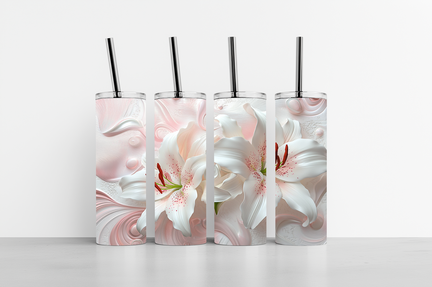 Pink and White 3D Lily Bas-Relief 20oz skinny tumbler