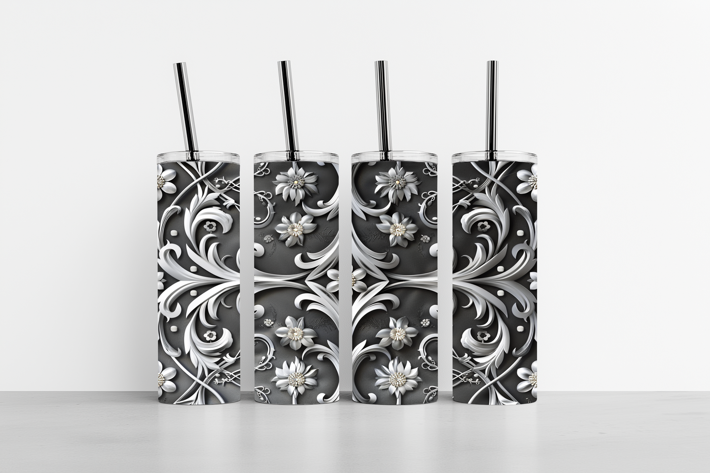 Silver Floral Scrollwork 20oz skinny tumbler